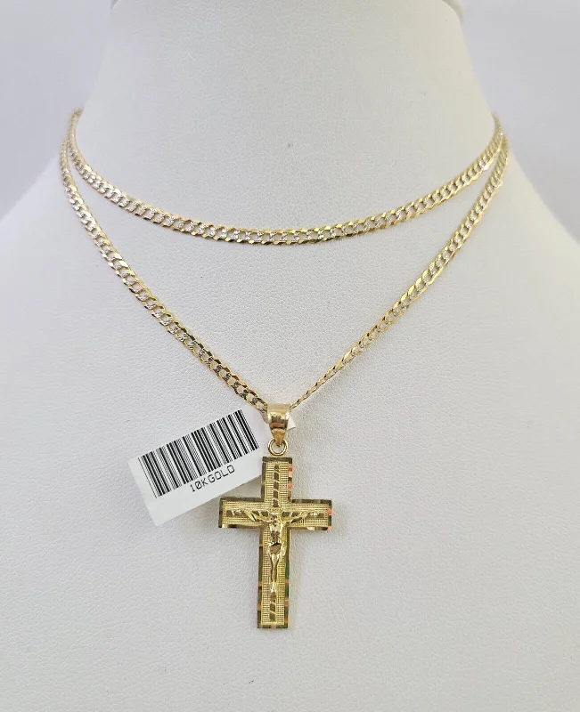 Necklaces and pendants with zodiac constellation designs for an astrological touch-10k Solid Gold Cuban Curb Chain Jesus Cross Pendant 2mm 18"-24" SET Necklace