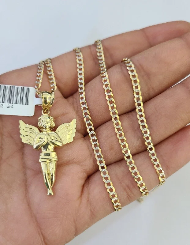 Necklaces and pendants with feather designs for a boho-chic, carefree vibe-10k Solid Gold Cuban Curb Chain Praying Angel Pendant 2mm 18"-24" SET Necklace