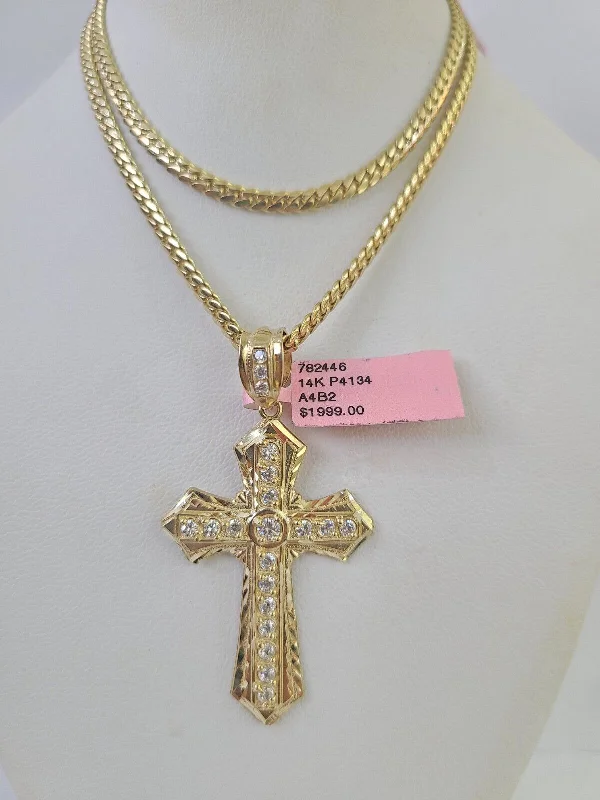 Best necklaces and pendants with matching rings for a coordinated jewelry set-Real 14k Solid Chain Cross Charm Set Miami Cuban Link 3mm Necklace Pendant Gold