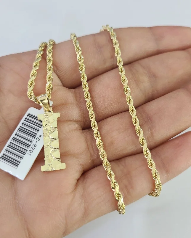 Stunning necklaces and pendants with birthstone pendants for a personal touch-10k Gold Initial I Charm Rope Chain 16"-26" 2.5mm SET Necklace Alphabet Pendant