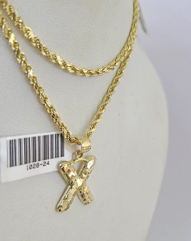 Best necklaces and pendants with art deco elements for a vintage, glamorous design-10k Gold Initial X Charm Rope Chain 16"-26" 2.5mm SET Necklace Alphabet Pendant