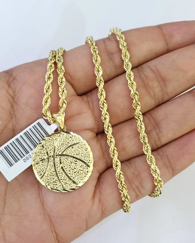 Best necklaces and pendants with intertwined designs for a symbol of unity-10k Solid Rope Chain 3mm Basket Ball Pendant Charm Necklace SET 18-26 in