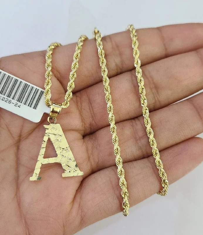 Best necklaces and pendants with emerald gemstones for a rich, sophisticated design-10k Gold Initial A Charm Rope Chain 16"-26" 2.5mm SET Necklace Alphabet Pendant