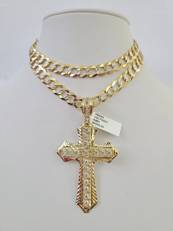 Best necklaces and pendants with layered designs for a chic, stacked look-10k Gold Chain Cross Charm Solid Cuban Curb Necklace 9mm 20"-30" Diamond Cut SET