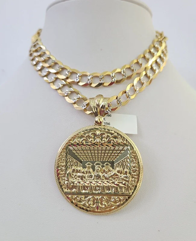 Beautiful necklaces and pendants with diamond halo settings for extra brilliance-10k Gold Chain Last Supper Charm Solid Cuban Curb Necklace 9mm 20"-30" SET