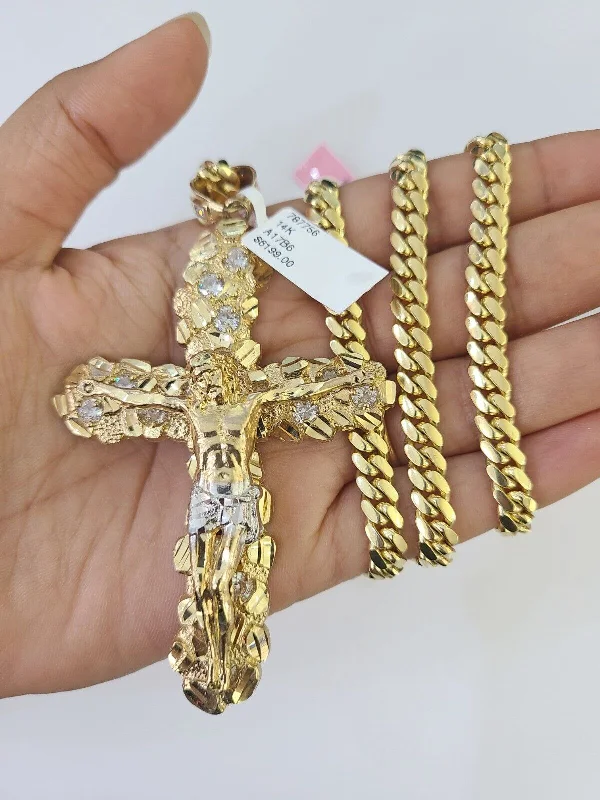 Stunning necklaces and pendants with ruby and diamond combinations for a luxurious effect-Real 14k Solid Chain Cross Charm Set Miami Cuban Link 6mm Necklace Pendant Gold