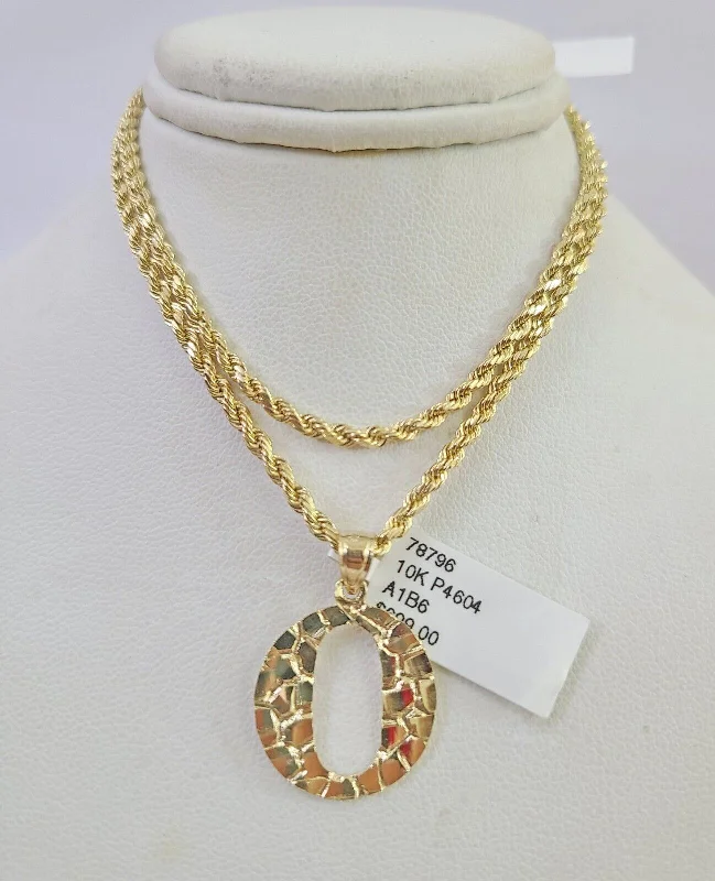 Unique necklaces and pendants with engraved messages for a sentimental gift-10k Gold Initial O Charm Rope Chain 16"-26" 2.5mm SET Necklace Alphabet Pendant