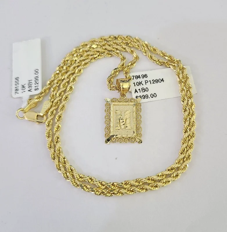 Best necklaces and pendants with vintage lockets for a nostalgic, sentimental look-10k Gold Initial M Charm Rope Chain 16"-26" 2.5mm SET Necklace Alphabet Pendant