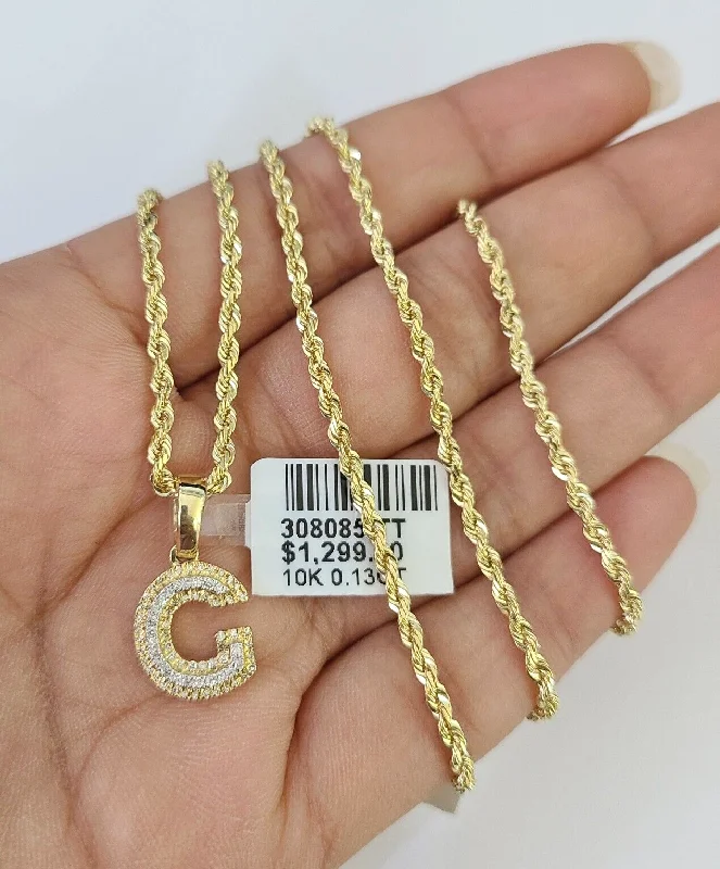 Best necklaces and pendants with cubic zirconia for a budget-friendly dazzling effect-10k Solid Rope Chain 2mm G Initial Diamond Pendant Charm Necklace SET 18-22 in