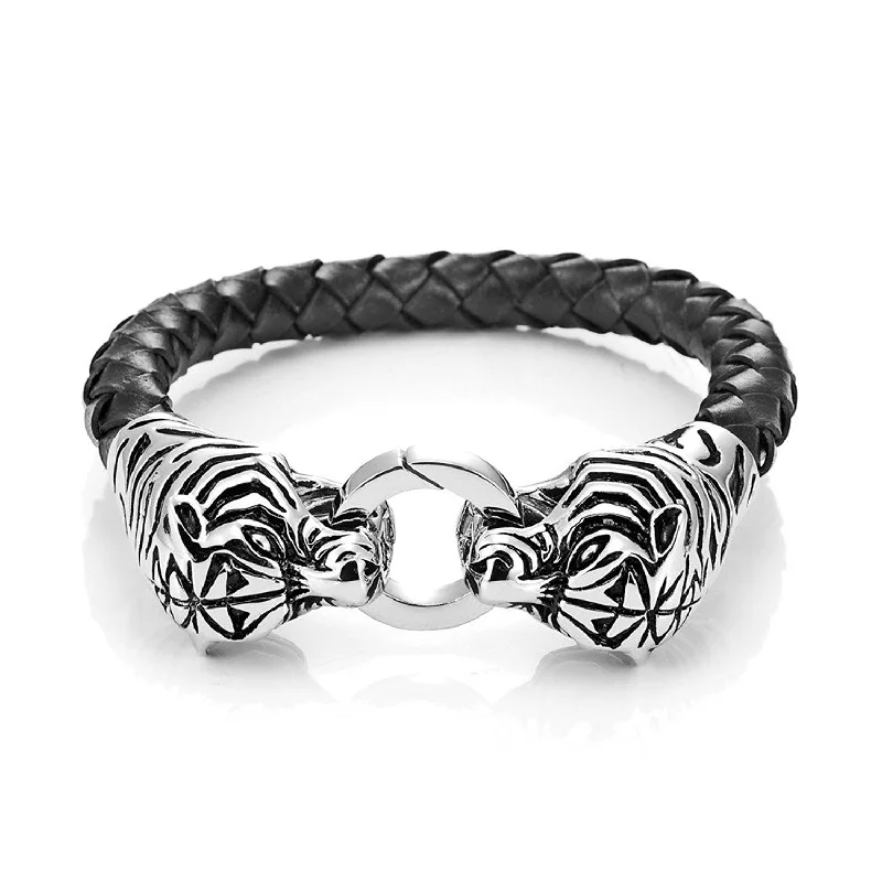 Necklaces and pendants with crescent moon designs for a celestial and mystical feel-Amazing Leather Mens Bracelet with Locking Stainless Steel Tiger Head Clasp, Black, Silver, 8.5 Inches