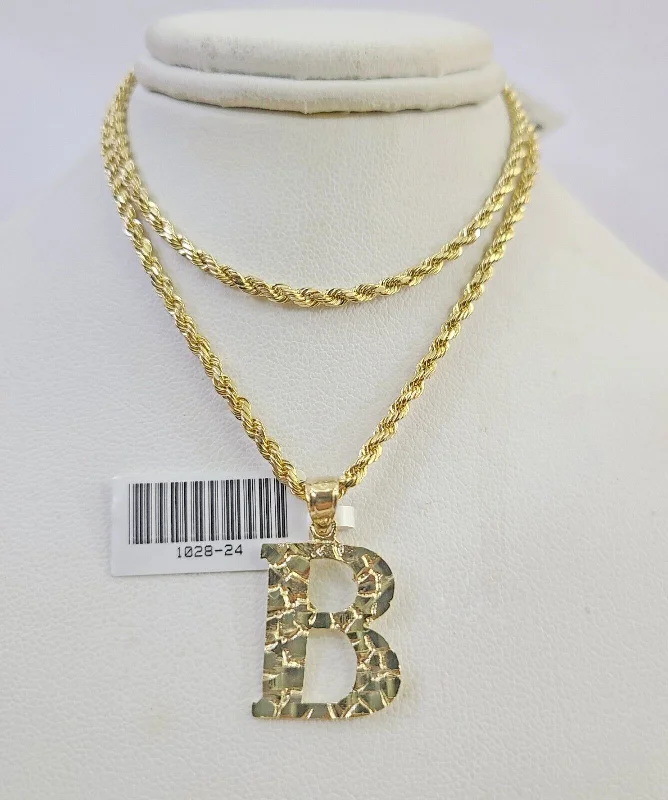 Stunning necklaces and pendants with aquamarine stones for a serene effect-10k Gold Initial B Charm Rope Chain 16"-26" 2.5mm SET Necklace Alphabet Pendant