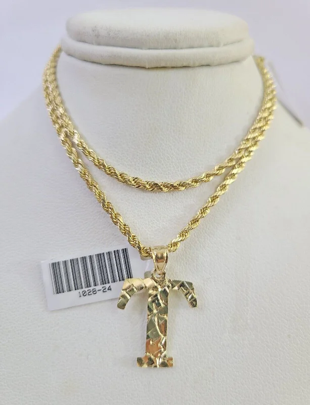 Elegant necklaces and pendants with diamond accents for added sparkle-10k Gold Initial T Charm Rope Chain 16"-26" 2.5mm SET Necklace Alphabet Pendant