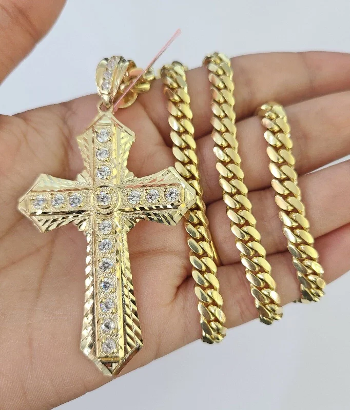 Necklaces and pendants with custom designs for a completely unique jewelry piece-Real 14k Solid Chain Cross Charm Set Miami Cuban Link 6mm Necklace Pendant Gold