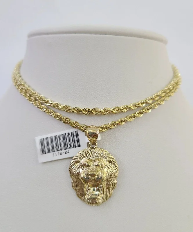 Necklaces and pendants with pearls for a classic and sophisticated touch-10k Solid Rope Chain 3mm Lion Head Pendant Charm Necklace SET 18-26 in