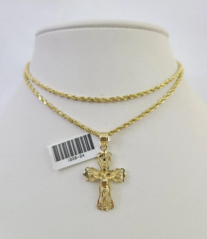 Unique necklaces and pendants with artistic shapes for a creative, one-of-a-kind design-10k Solid Rope Chain 3mm Jesus Cross Pendant Charm Necklace SET 18-24 in