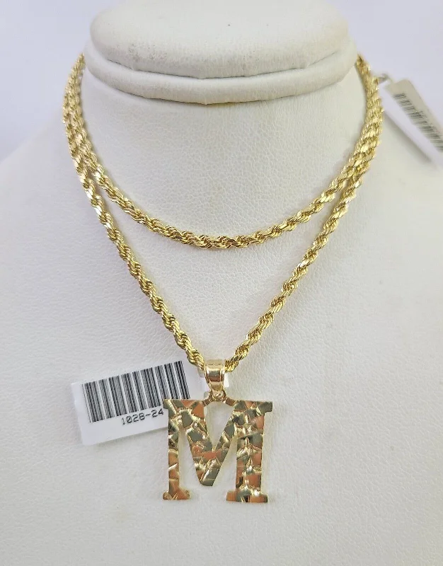 Best necklaces and pendants with zodiac signs for a celestial, astrology-inspired vibe-10k Gold Initial M Charm Rope Chain 16"-26" 2.5mm SET Necklace Alphabet Pendant