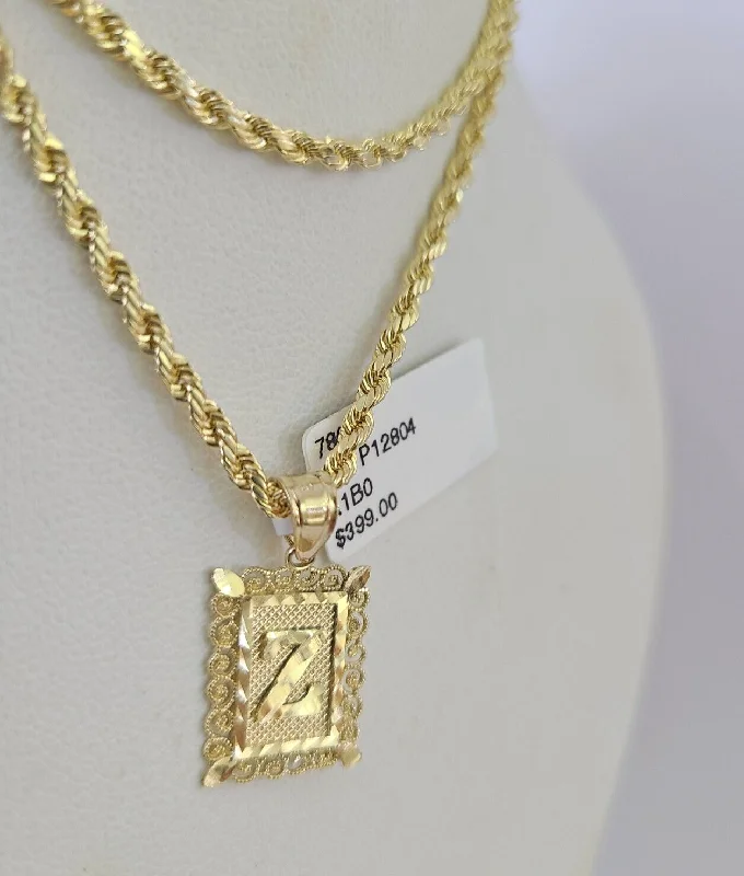 Personalized necklaces and pendants with coordinates for a meaningful location-based gift-10k Gold Initial Z Charm Rope Chain 16"-26" 2.5mm SET Necklace Alphabet Pendant