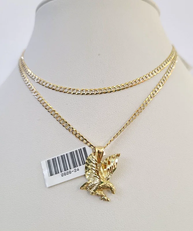 Necklaces and pendants with crescent moon designs for a celestial and mystical feel-10k Solid Gold Cuban Curb Chain Flying Eagle Pendant 2mm 18"-24" SET Necklace