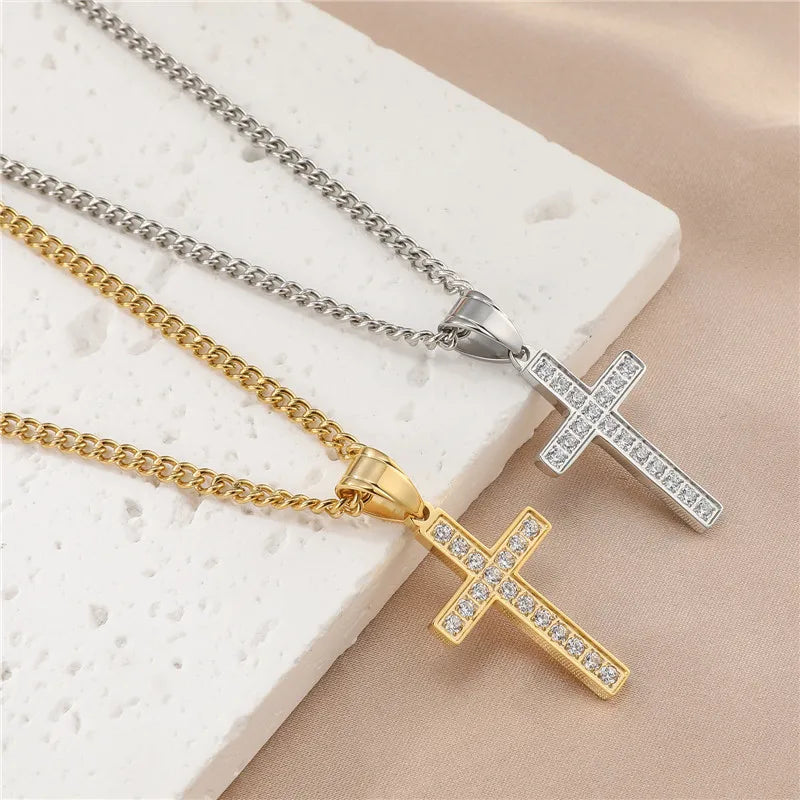 Personalized necklaces and pendants with name engravings for a custom touch-Casual Simple Style Cross Stainless Steel Plating Inlay Zircon Gold Plated Men'S Pendant Necklace