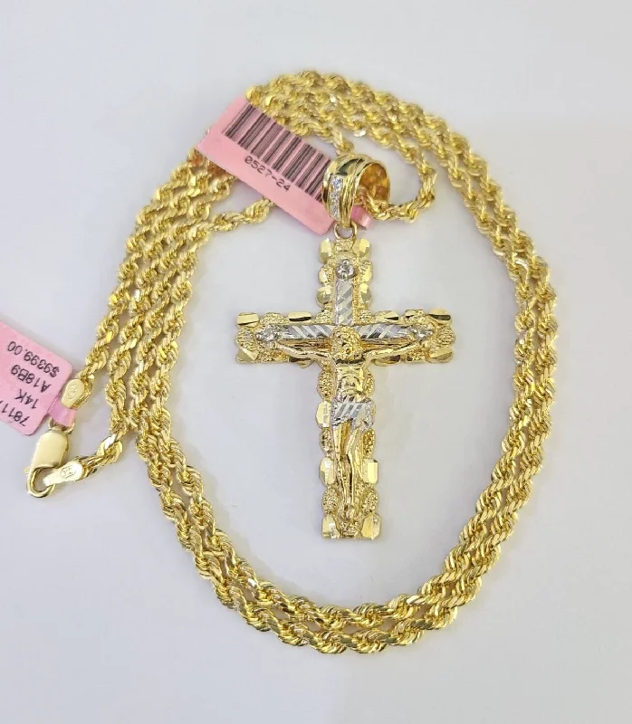 Elegant necklaces and pendants with gold chains for a chic, timeless appearance-Real 14k Solid Rope Chain Jesus Nugget Cross Charm Set 3mm 18"-26" Necklace Gold