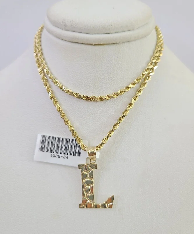 Best necklaces and pendants with floral designs for a feminine and elegant feel-10k Gold Initial L Charm Rope Chain 16"-26" 2.5mm SET Necklace Alphabet Pendant