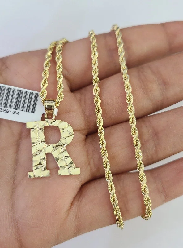 Layered necklaces and pendants for a trendy and fashionable stacked look-10k Gold Initial R Charm Rope Chain 16"-26" 2.5mm SET Necklace Alphabet Pendant