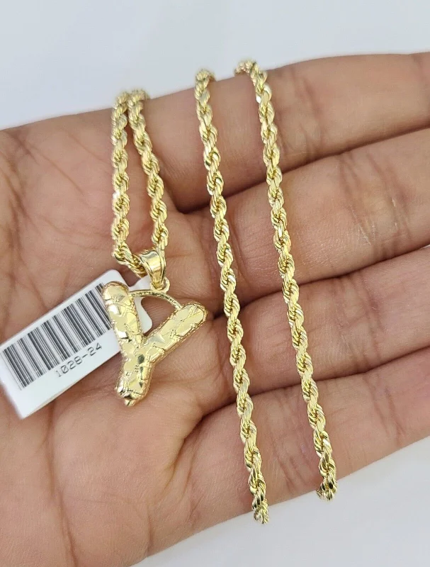 Necklaces and pendants with love knot designs for a romantic, meaningful symbol-10k Gold Initial Y Charm Rope Chain 16"-26" 2.5mm SET Necklace Alphabet Pendant