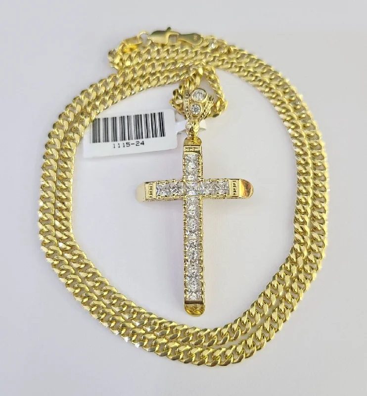 Stunning necklaces and pendants with chakra stones for healing and balance-10k Miami Cuban Chain Jesus Cross Charm Set 4mm 18"-28" Necklace Yellow Gold