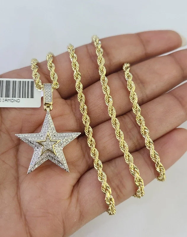 Fashionable necklaces and pendants with birthstones for a personalized gift idea-10k Solid Rope Chain 3mm Diamond Star Pendant Charm Necklace SET 18-26 in