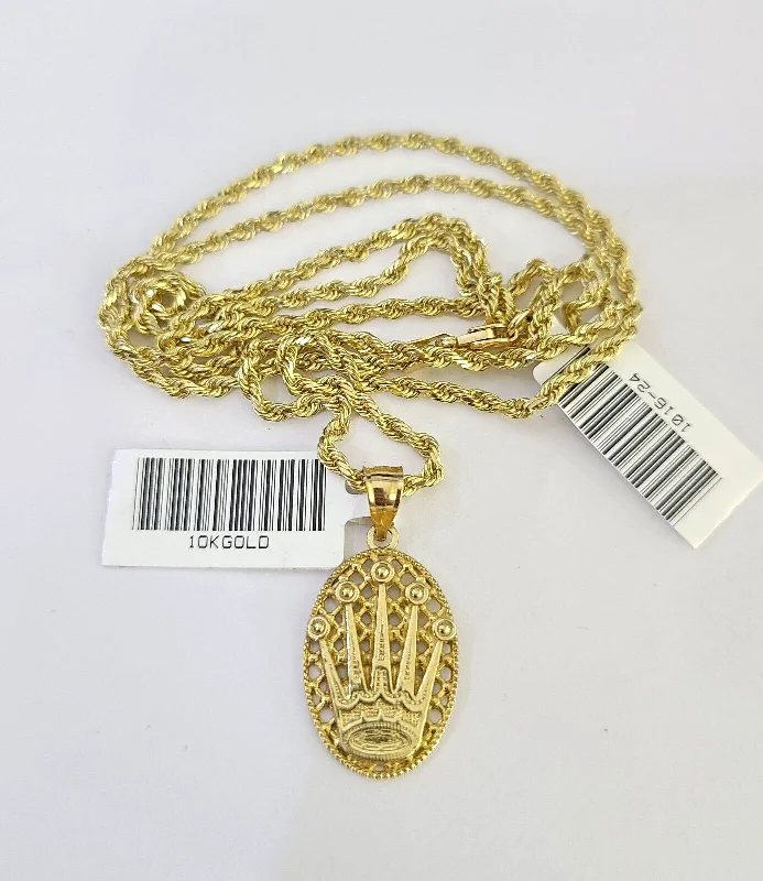 Best necklaces and pendants with statement designs for a fashionable accessory-10k Solid Rope Chain Crown Pendant Charm Necklace 18-24" SET 2mm