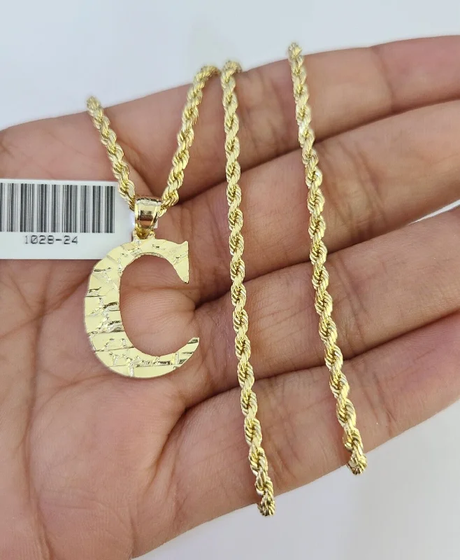 Best necklaces and pendants with heart-shaped lockets for a sentimental keepsake-10k Gold Initial C Charm Rope Chain 16"-26" 2.5mm SET Necklace Alphabet Pendant