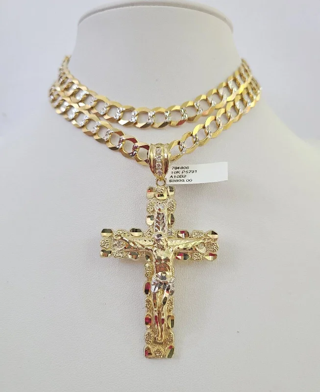 Necklaces and pendants with custom designs for a completely unique jewelry piece-10k Gold Chain Cross Charm Solid Cuban Curb Necklace 9mm 20"-30" Diamond Cut SET