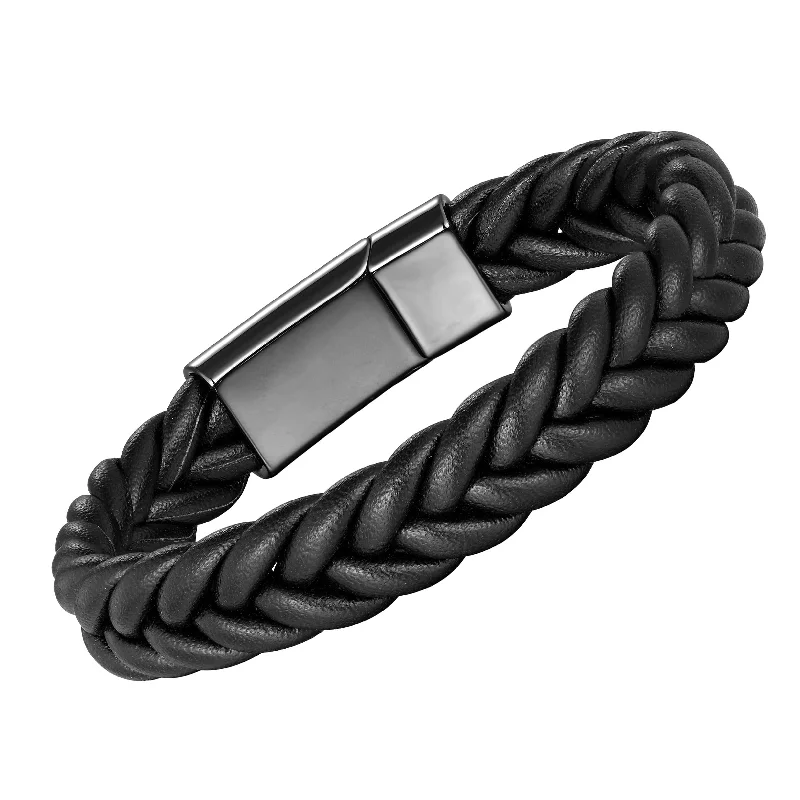 Trendy necklaces and pendants with statement pieces for a bold fashion statement-Stylish Men’s Bracelet – Contemporary Black Braided Leather Rope Design with Gunmetal Grey Clasp – Made of Comfy Genuine Leather & Stainless Steel – Jewelry Gift or Accessory for Men