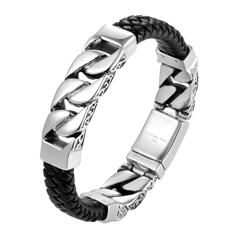 Layered necklaces and pendants for a trendy and fashionable stacked look-Dystopian Men’s Bracelet – Black Leather Braided Rope Bracelet with Contemporary Gourmette Chains – Genuine Leather & Stainless Steel – Black & Polished Silver Color – Jewelry Gift or Accessory for Me