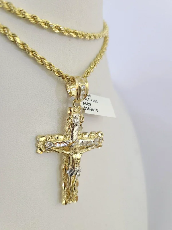 Best necklaces and pendants with glowing moonstone for an ethereal glow-10k Solid Rope Chain 3mm Jesus Cross Pendant Charm Necklace SET 18-26 in