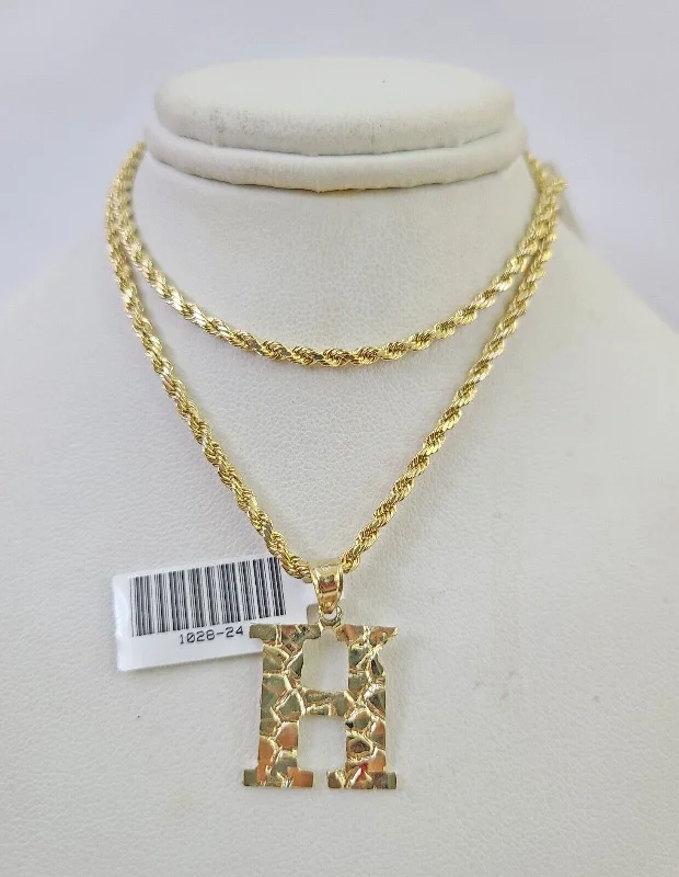 Best necklaces and pendants with intricate filigree for vintage-inspired elegance-10k Gold Initial H Charm Rope Chain 16"-26" 2.5mm SET Necklace Alphabet Pendant