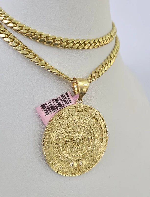 Best necklaces and pendants with layered designs for a chic, stacked look-Real 14k Solid Chain Mayan Calendar Charm Set Miami Cuban 6mm Necklace Gold