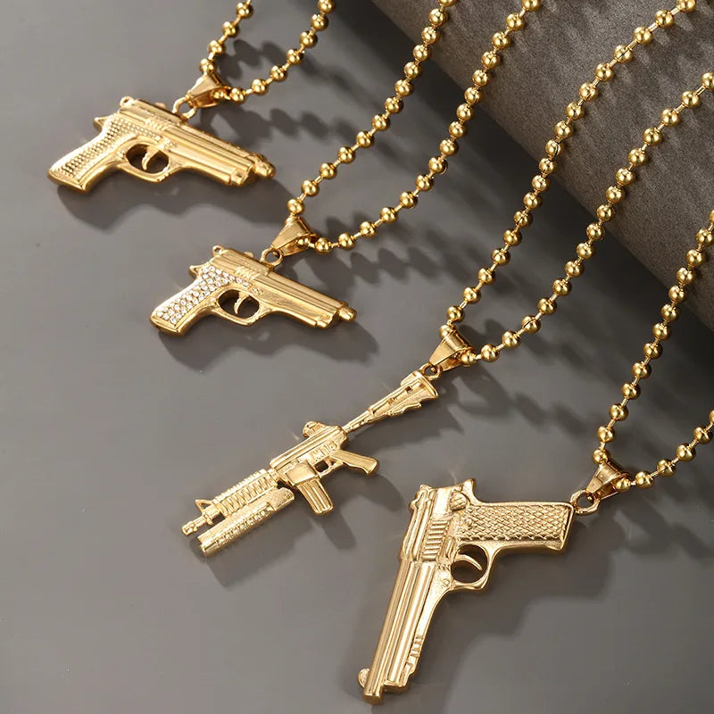 Unique necklaces and pendants with artistic shapes for a creative, one-of-a-kind design-304 Stainless Steel 18K Gold Plated Nordic Style XUPING Plating Pistol Artificial Gemstones Pendant Necklace