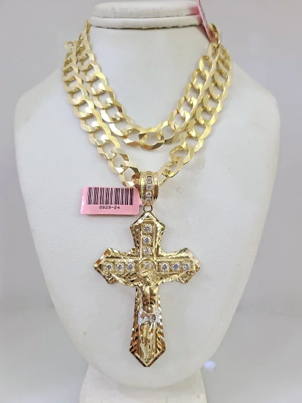 Necklaces and pendants with geometric pendants for a clean, contemporary design-14k Gold Chain Jesus Cross Charm Solid Cuban Curb 10mm 20"-30" SET Necklace