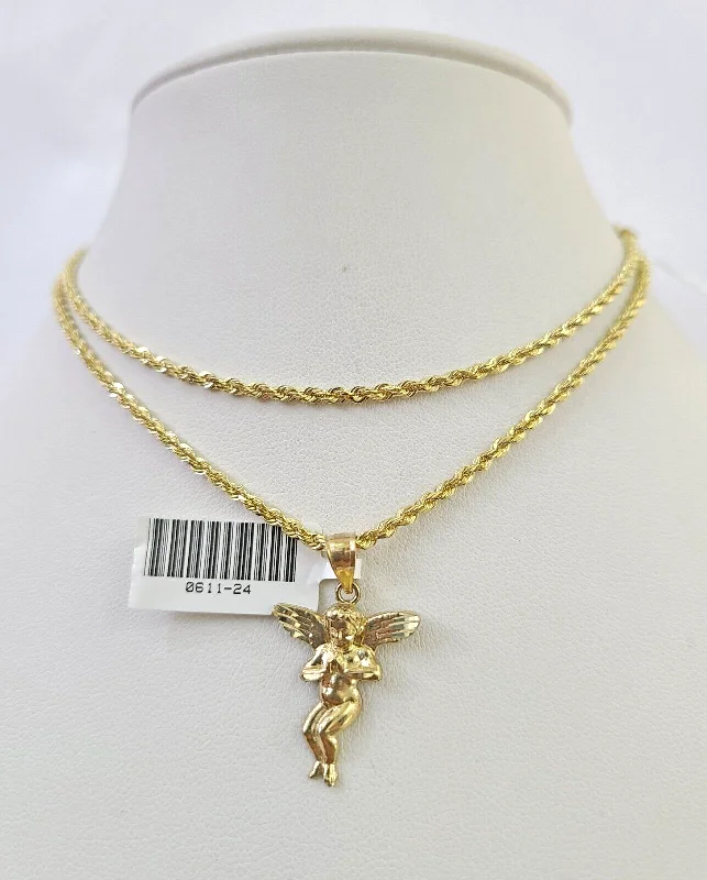 Personalized necklaces and pendants with coordinates for a meaningful location-based gift-10k Solid Rope Chain 2mm Praying Angel Pendant Charm Necklace SET 18-22" Ladies