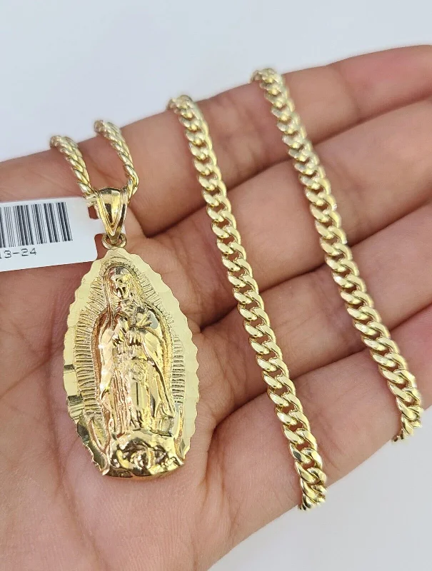 Best necklaces and pendants with infinity hearts for a romantic, eternal symbol-10k Miami Cuban Chain Virgin Mary Charm Set 4mm 18"-28" Necklace Yellow Gold