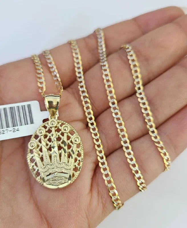 Beautiful necklaces and pendants with layered chains for a fashionable, chic look-10k Solid Gold Cuban Curb Chain Crown Pendant 2mm 18"-24" SET Necklace