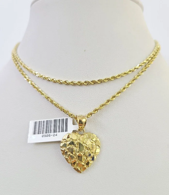 Best necklaces and pendants with floral designs for a feminine and elegant feel-10k Solid Rope Chain 2mm Nugget Heart Pendant Charm Necklace SET 16"-22" Ladies