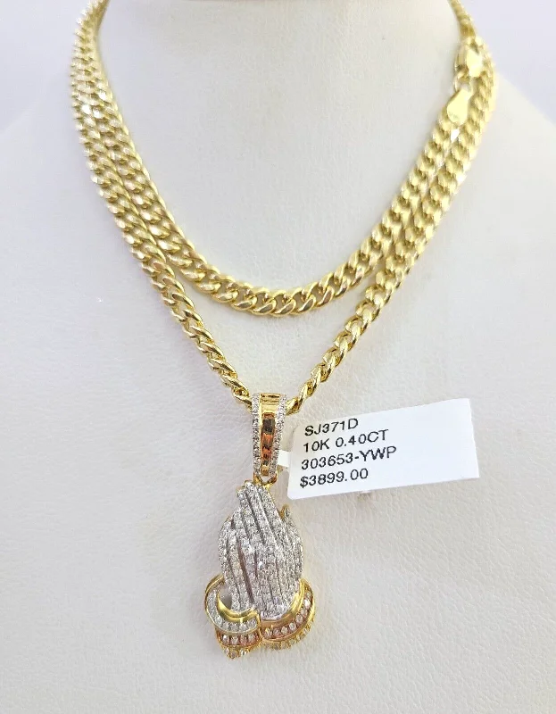 Beautiful necklaces and pendants with diamond-encrusted designs for maximum sparkle-10k Miami Cuban Chain Diamond Praying Hands Charm Set 4mm 18"-28" Necklace Gold