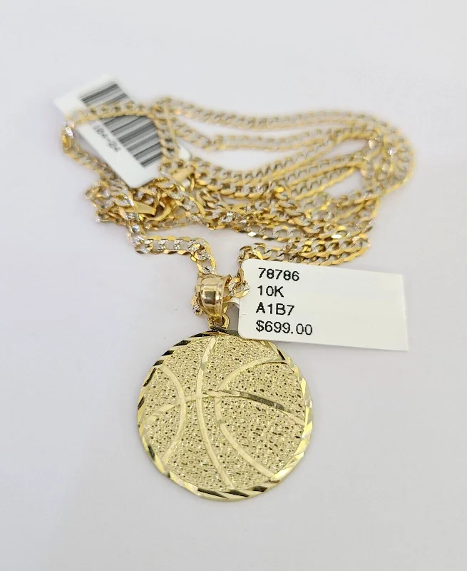 Necklaces and pendants with angel wing motifs for a spiritual, meaningful design-10k Solid Gold Cuban Curb Chain Basket Ball Pendant 2mm 18"-24" SET Necklace