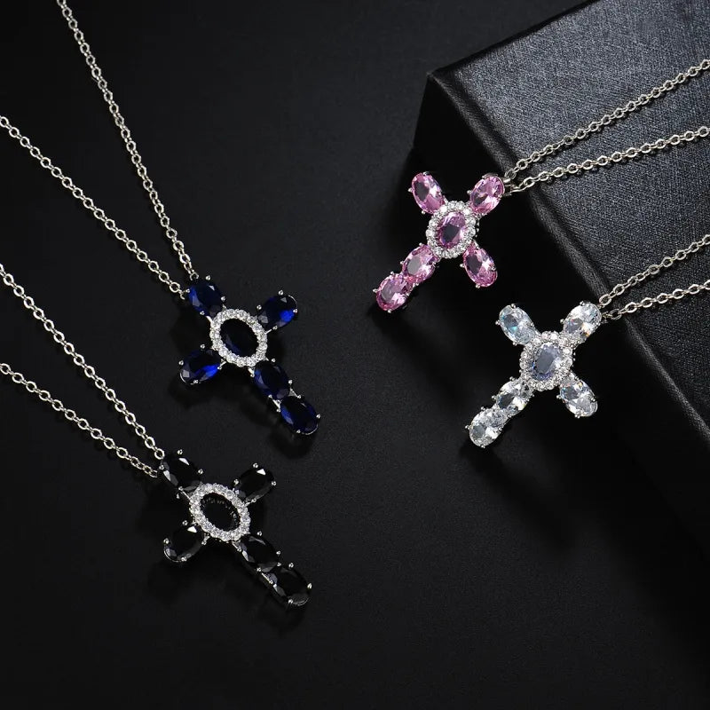 Best necklaces and pendants with black diamonds for an edgy, bold statement-Hip-Hop Cross Copper Plating Inlay Zircon Rhodium Plated Unisex Pendant Necklace