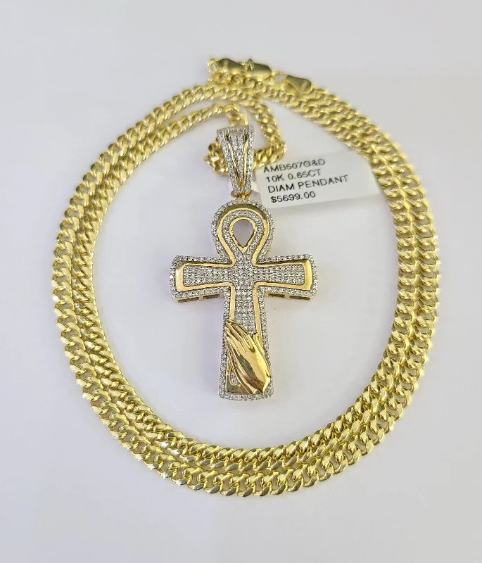 Best necklaces and pendants with personalized coordinates for a special keepsake-10k Miami Cuban Chain Diamond Jesus Cross Charm Set 4mm 18"-28" Necklace Gold