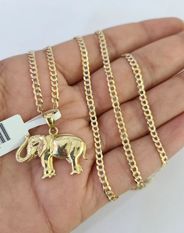 Unique necklaces and pendants with custom birthstone arrangements for personalization-10k Solid Gold Cuban Curb Chain Elephant Pendant 2mm 18"-24" SET Necklace