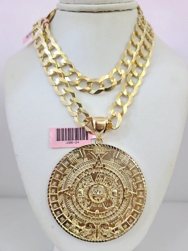 Beautiful necklaces and pendants with natural stones for an earthy, organic vibe-14k Gold Chain Mayan Calendar Charm Solid Cuban Curb 10mm 20"-30" SET Necklace