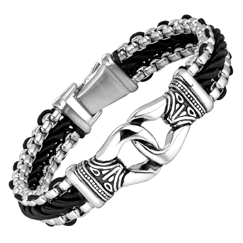 Beautiful necklaces and pendants with butterfly motifs for a whimsical style-Contemporary Men’s Bracelet – Metallic Bead Chain Design with Ornamental Round Link – Genuine Leather & Stainless Steel – Black & Polished Silver Color – Jewelry Gift or Accessory for Men